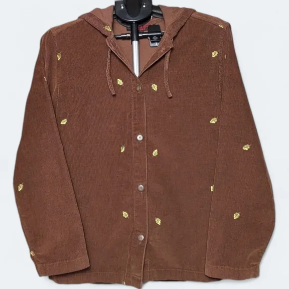 Vintage Corduroy Button Up Hoodie Casablanca Sport Brown 90s Leaf Embroidery - Picture 2 of 13